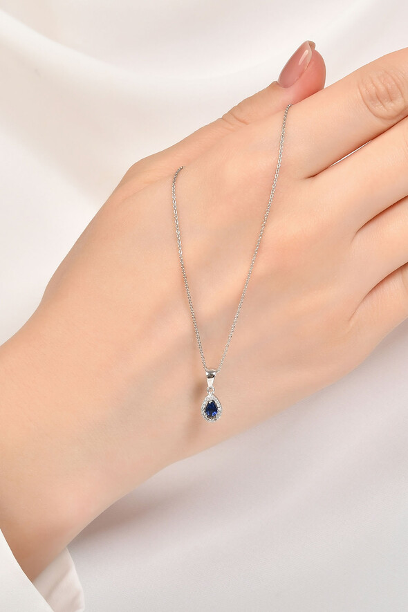 0.07 Karat Pırlanta Damla Safir Kolye - 2