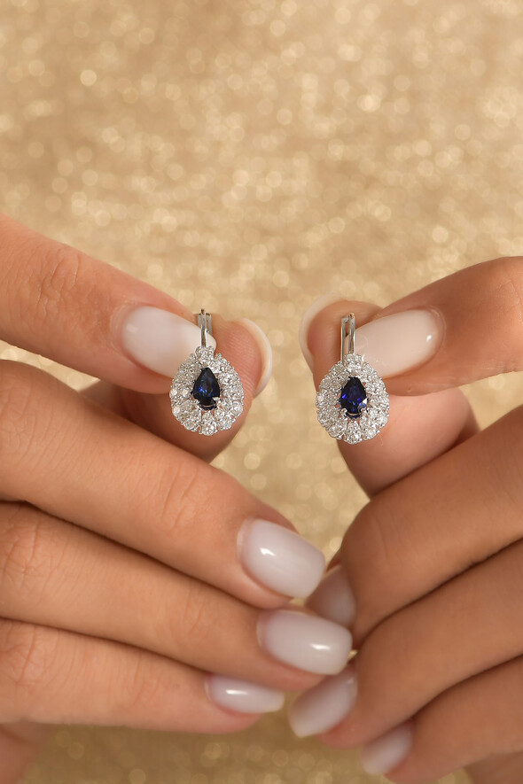 0.95 Karat Pırlanta Safir Küpe - 2