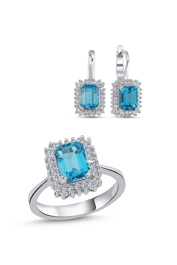 Mavi Topaz İkili Pırlanta Set - 