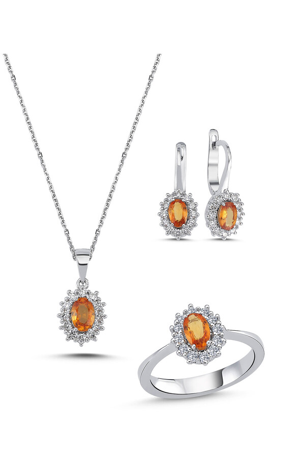 Oranj Safirli Üçlü Pırlanta Set - 